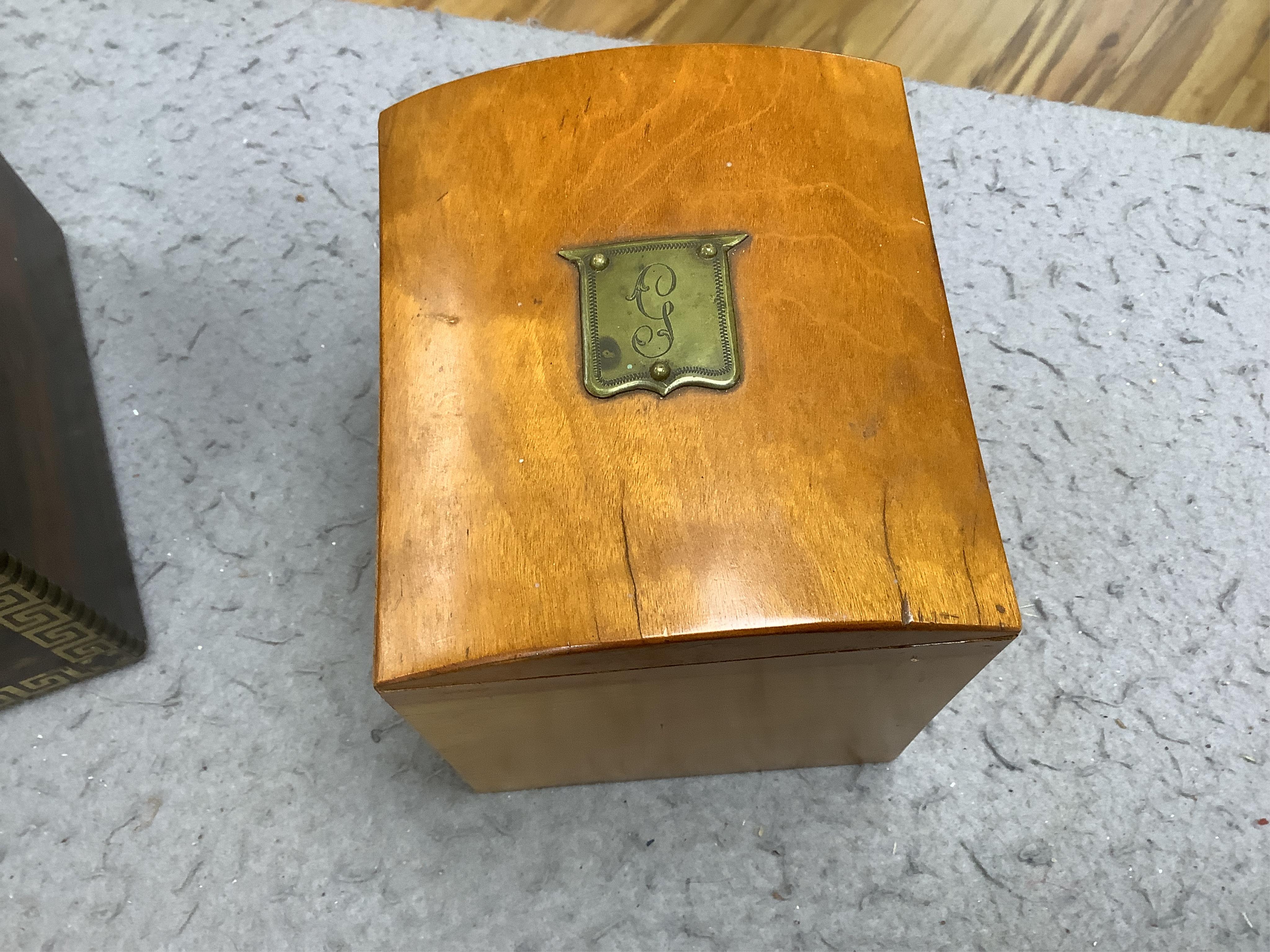 An early 19th century brass inlaid coromandel tea caddy with birch lining, 25cm wide. Condition - fair